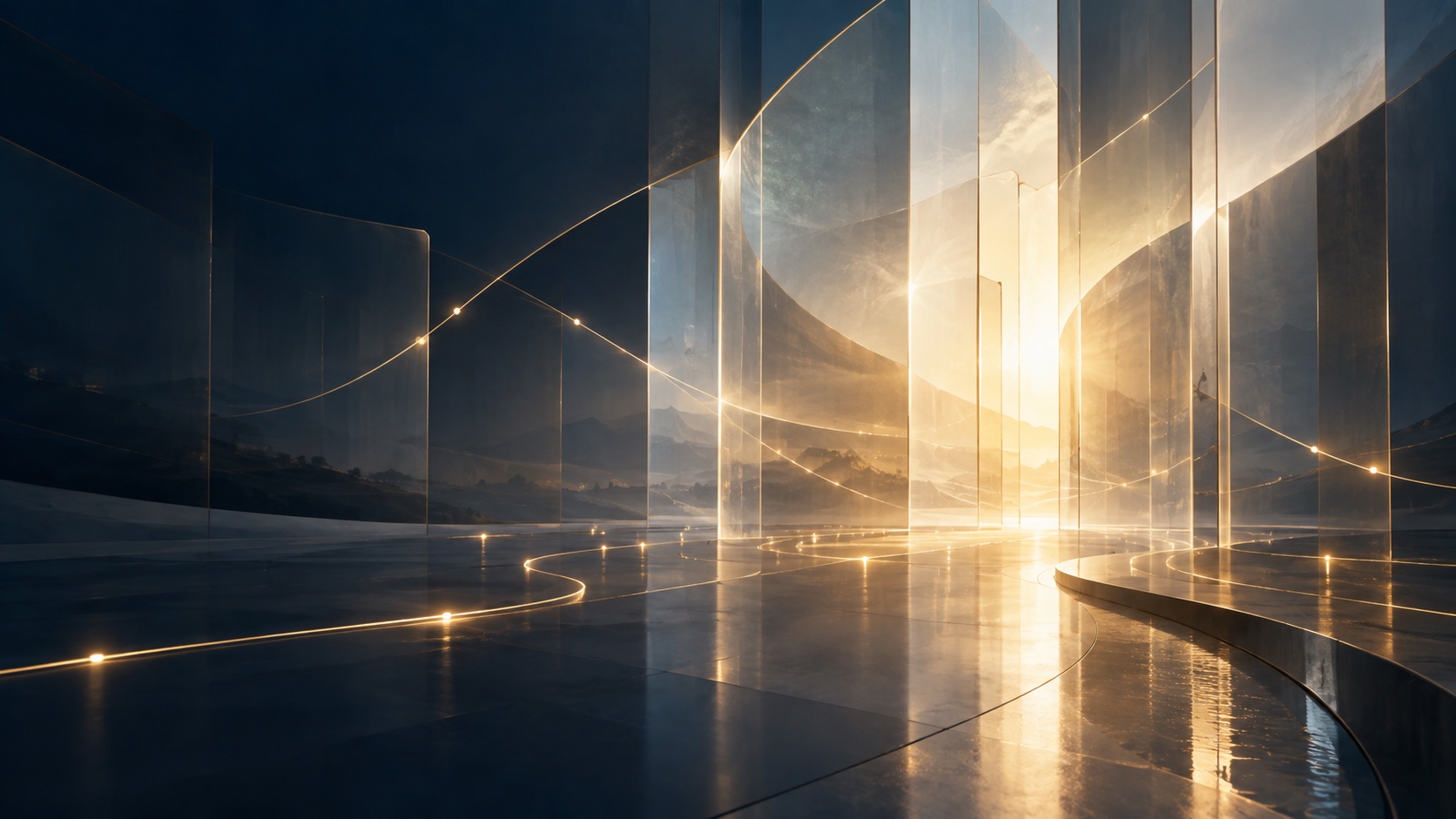 Warm light passing through translucent glass with connected golden pathways